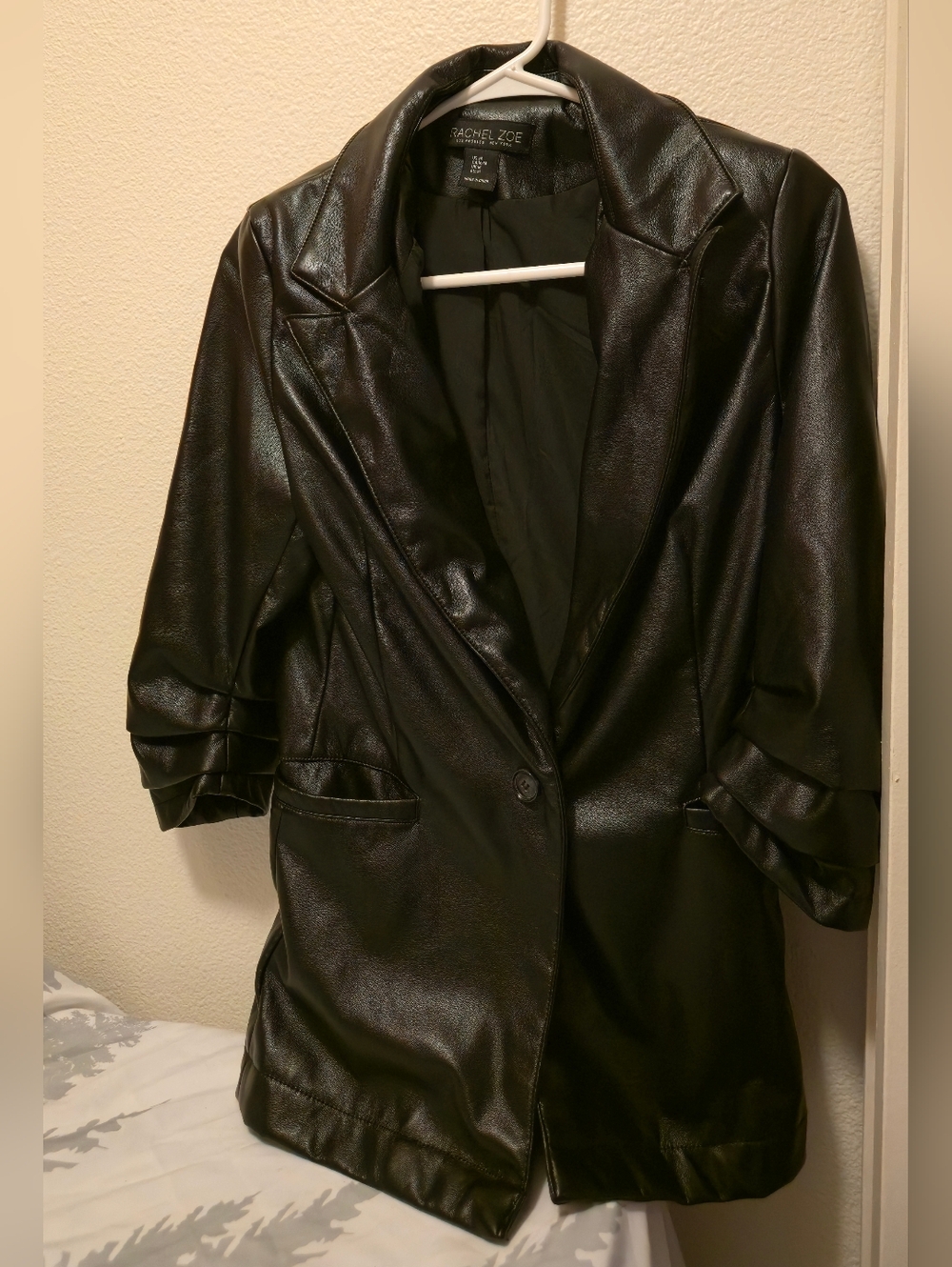 Black Faux Leather Single Button Edgy  Blazer